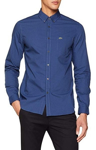 Camisas Lacoste Hombre | Camisa de hombre Heritage regular fit en algodón  Oxford de rayas con diseño patchwork Blanco / Azul « Portelamor