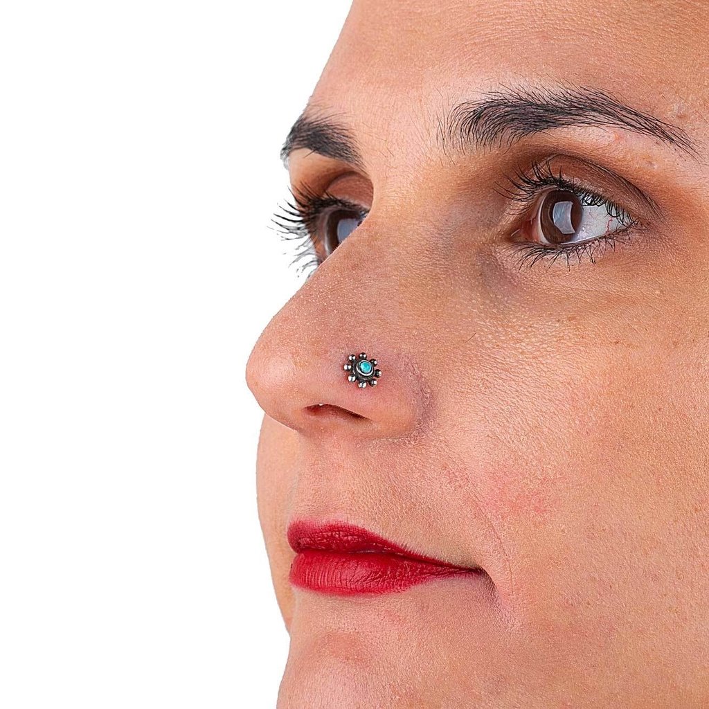 Piercing Nariz Prata Flor Turquesa - Tribalistik Store