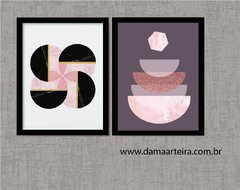 kit de quadros abstract shapes pink moldura preta