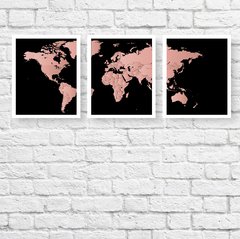 trio de quadros mapa mundo preto e rosa moldura branca