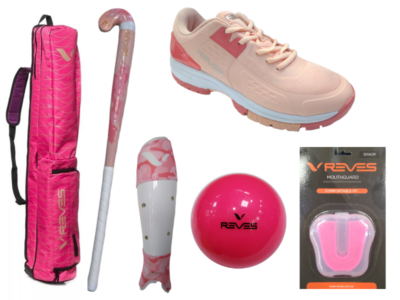 Combo Hockey Reves - Funda + Bucal + Palo Madera + Tartanera Rosa Hobart  Reves + Bocha