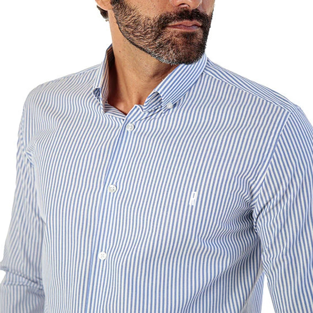 Camisa Manga Longa Social Masculina Slim Fit Listras Azul e Branco LS512104