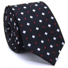 Gravata Slim Preta com Desenhos Geométricos Branco e Vermelho SL-05941