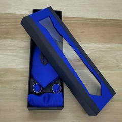 KIT Caixa de Presente, Gravata Slim Azul Royal Textura Listrada, Lenço e Abotoadura KIT-CXSLLEAB13008