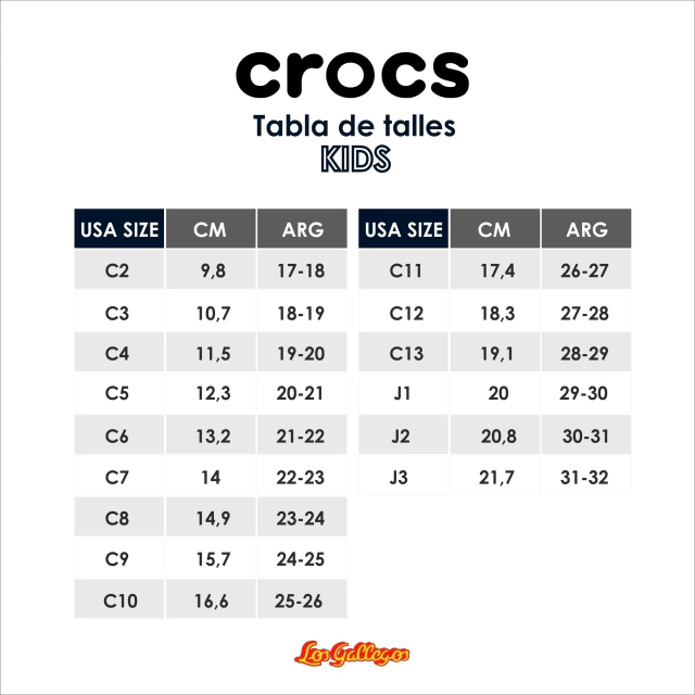 Tabla de Talles Crocs Niño - Calzados Los Gallegos