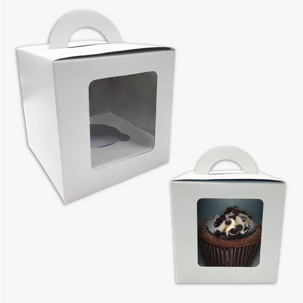 Caja para 1 Cupcake, Muffin, Mini Torta Con Manija, Cuna y Visor de PVC.  Blanca