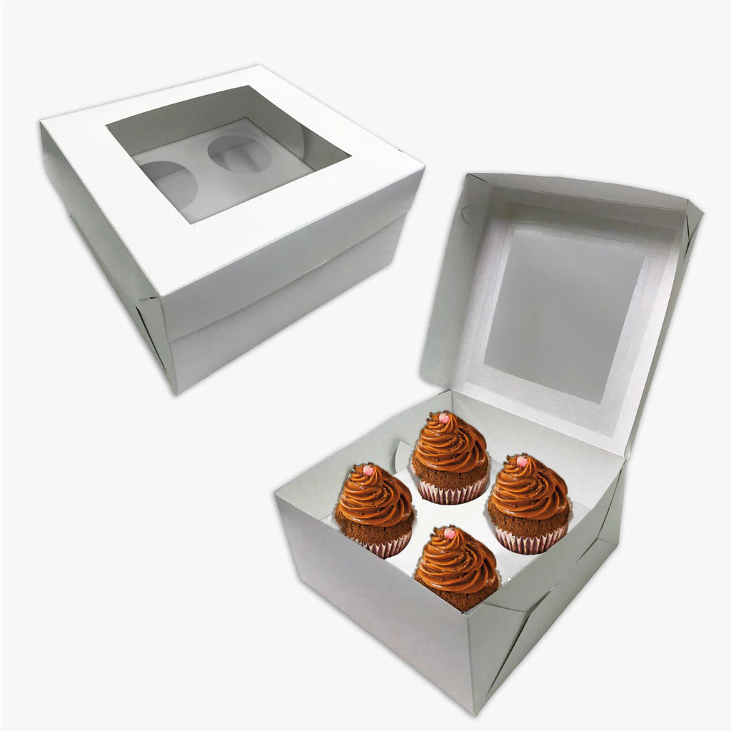 Caja para 4 Cupcakes, Muffins Con Cuna y Visor de PVC. Blanca