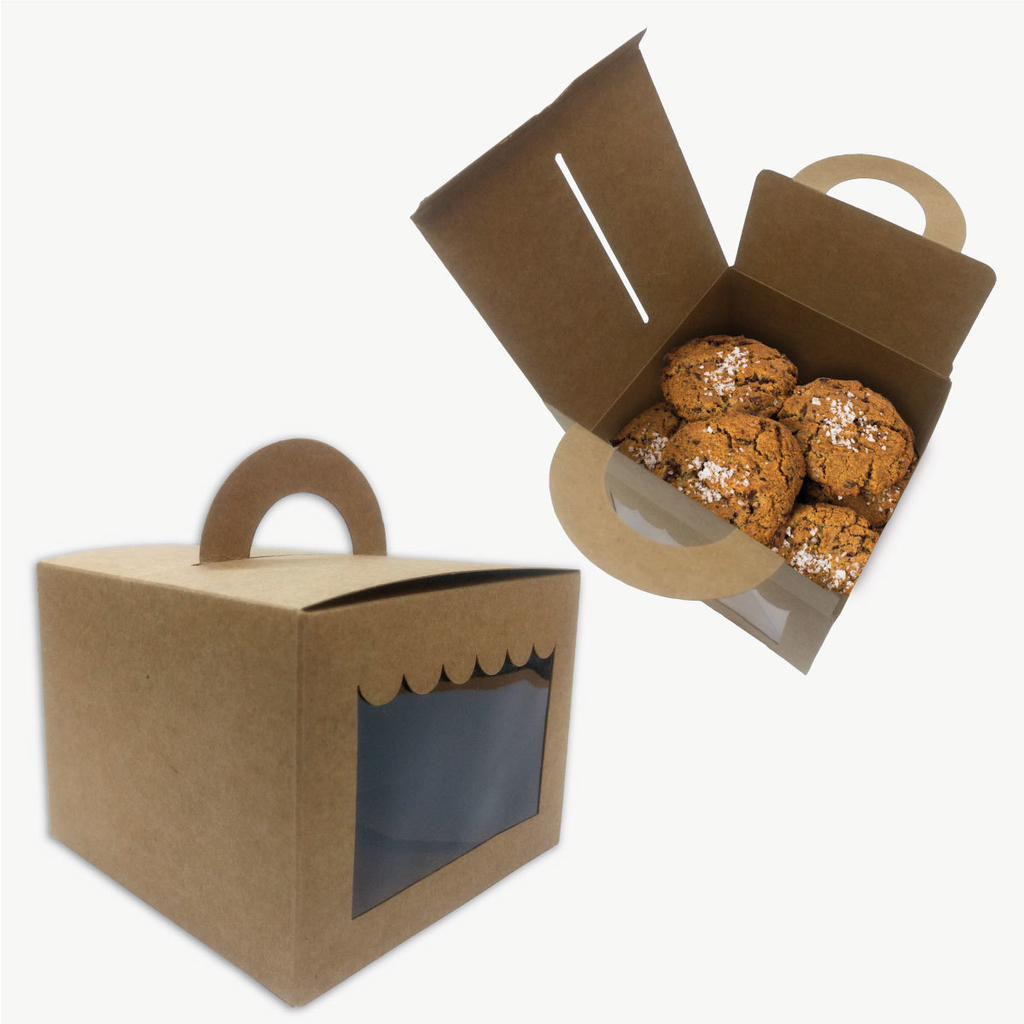 Caja para Cookies Con Manija y Visor de PVC. Kraft Marrón