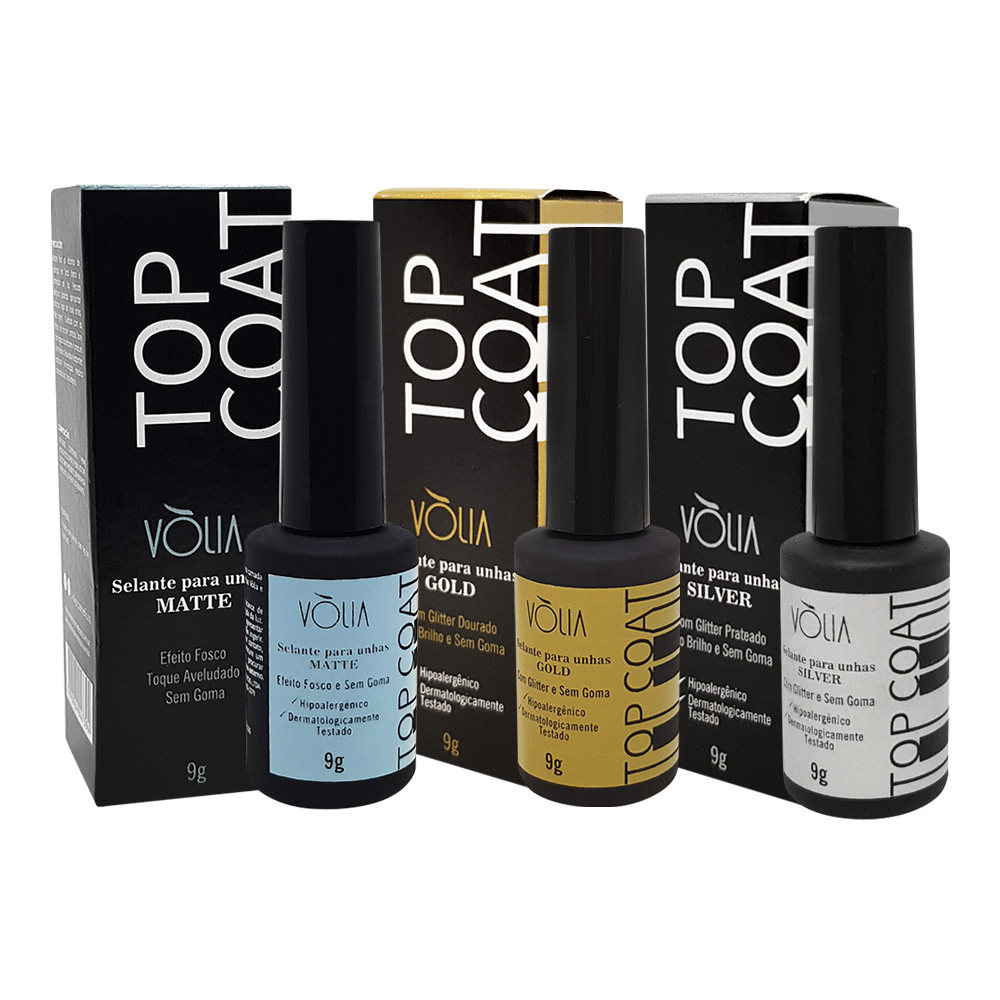 Kit 3 Top Coat Vòlia Matte Gold e Silver Selante Finalizador