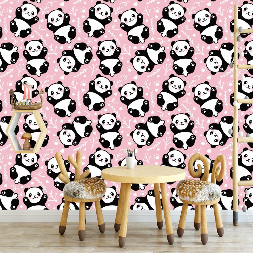 Papel De Parede Adesivo Desenho Panda Com Fundo Rosa 15m