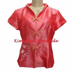 Blusa Oriental Com Estampa De Flor Bordada - Kimonos Liberdade