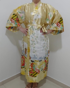 Kimono de Poliéster Longo Dourado Estampa Gueixa