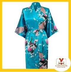 Kimono De Cetim Longo Azul Turquesa Estampa De Pavão - Kimonos Liberdade