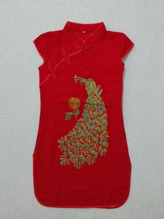 Vestido Infantil Bordado Pavão - Vermelho - comprar online
