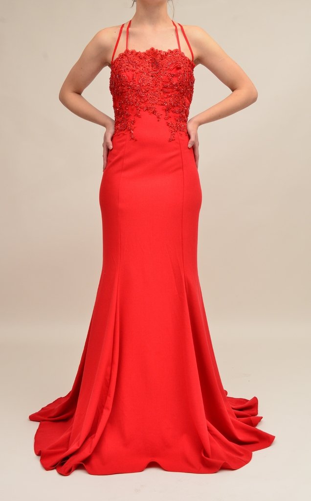 Vestido corte sirena con espalda descubierta y bordado