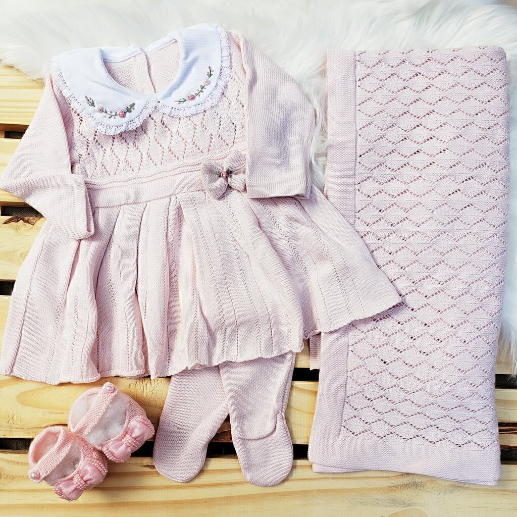 Saída Maternidade Menina Vestido Mini Rosa - Rosa - Manta Vestido e Calça