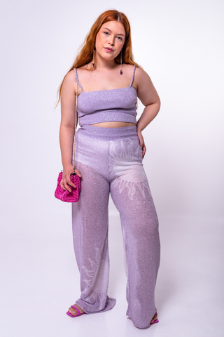 Calça em tricô com brilhos lilás | Tricoteen