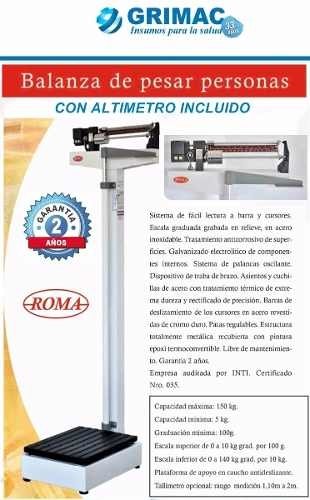 Balanza Personas Consultorio Mecanica Altimetro Roma 150 Kgm