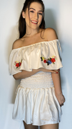 Vestido Curto Lastéx Off White Bordado Rosas - comprar online