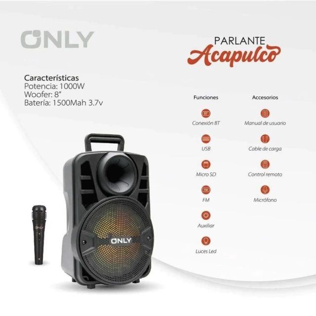 Parlante Bluetooth 8'' Only Acapulco Mod Fs-803 1000w