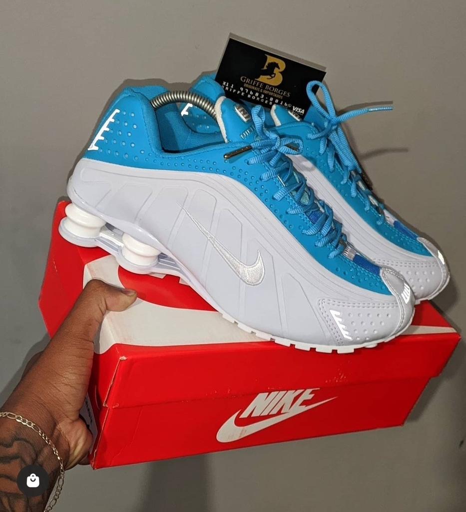 nike shox r4 branco e azul bebe
