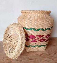 Cesto de Palha com Tampa - rosa e verde na internet