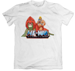Remera dibujos animados clásicos he-man and the masters of the universe he man y battlecat blanca