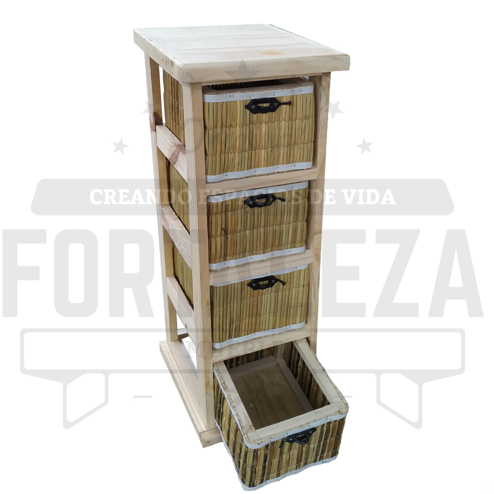 Cajonera Angosta de madera y Junco con 4 cajones
