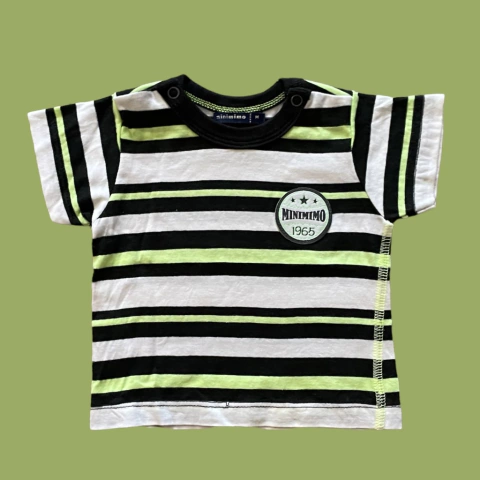 Remera manga corta de algodón rayada blanca, verde y negra "Escúdo" Mimo - 3M