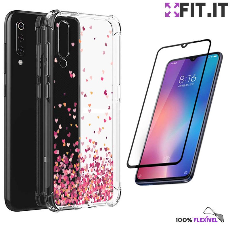 Capa Capinha Anti Impacto Corações Xiaomi Mi 9 + Película Nano Gel 5D  Flexível