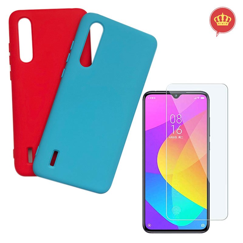 Kit Capa Azul Claro + Vermelha para Xiaomi Mi 9 Lite + Película de Gel