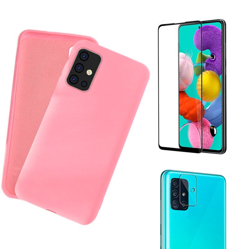 Kit Capa Silicone Macio Galaxy A51 Rosa + Película 3D Vidro + Película  Câmera