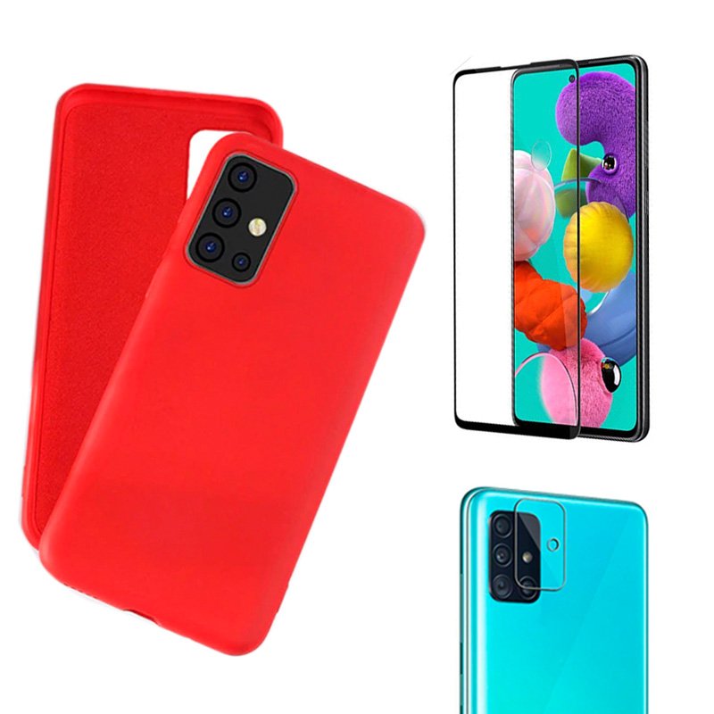 Kit Capa Silicone Vermelha Macio Galaxy A51 + Película 3D Vidro + Película  Câmera