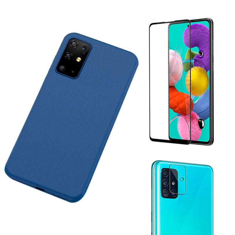 Kit Capa Silicone Azul Macio Galaxy A51 + Película 3D Vidro + Película  Câmera
