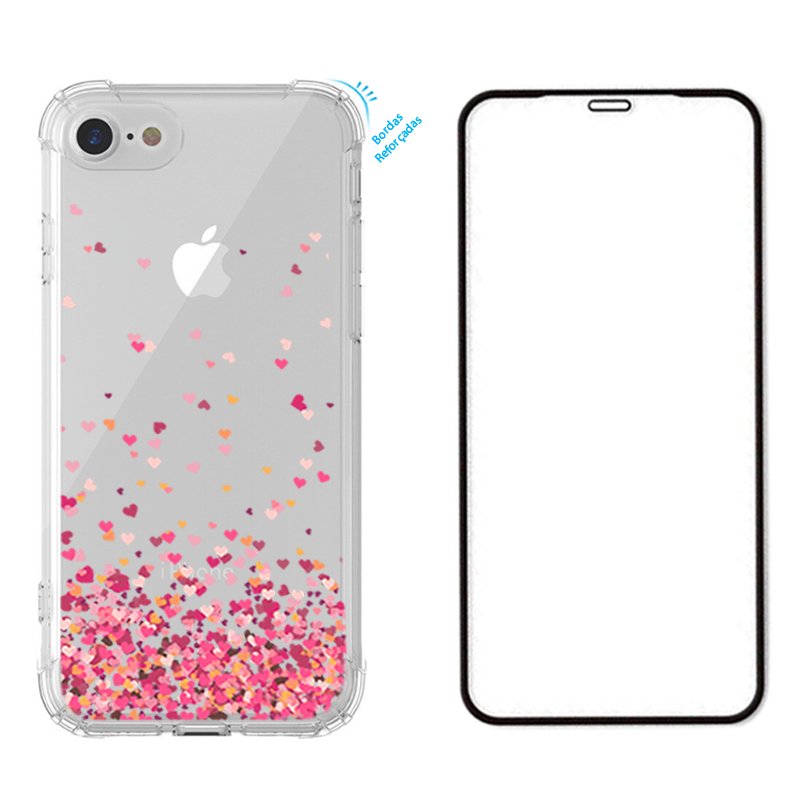 Capa Anti Queda Corações iPhone SE 2020 + Película 3D Vidro