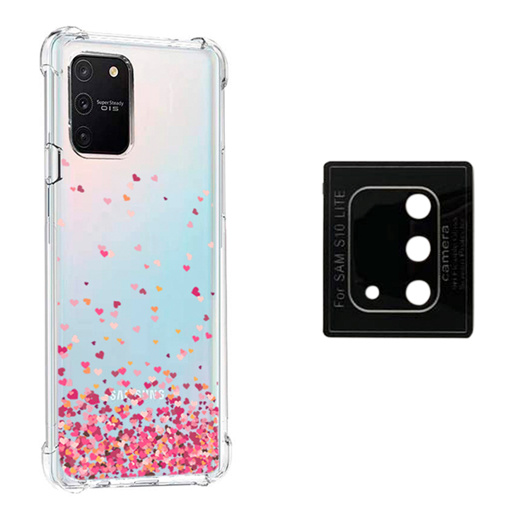 Capa Anti Queda Chuva Corações + Película Camera Galaxy S10 Lite