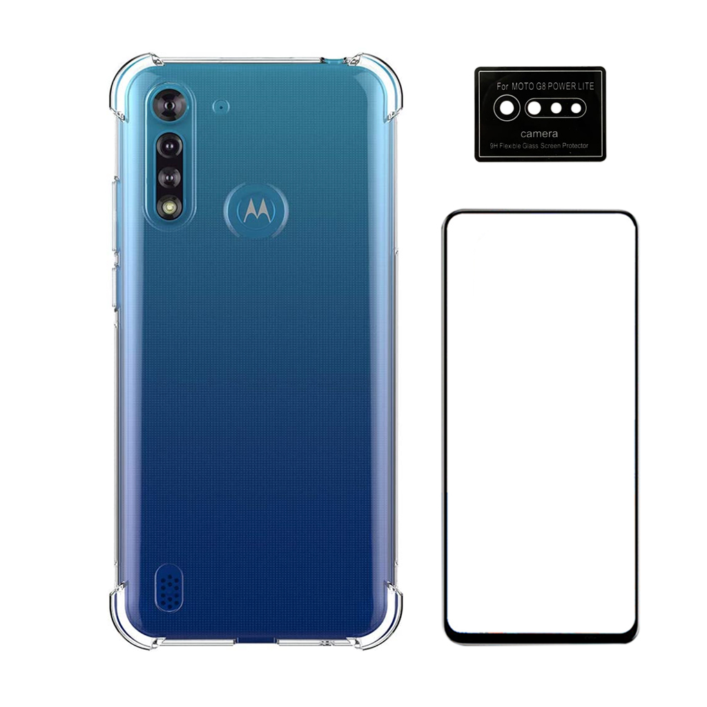 Capa Anti Queda Moto G8 Power Lite + Película 3D Vidro + Película Câmera