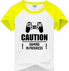 Camiseta Infantil Gamer Cuidado Jogo Em Andamento Ps4