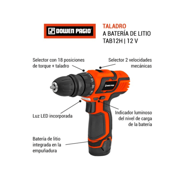 Taladro Atornillador Inalambrico Dowen Pagio TAB12H 2en1 10mm Bat 12v Li