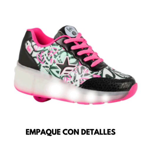 Zapatillas Footy Roller Stars Corazones Negra Con Luces Led Recargable ROLL651 EMPAQUE CON DETALLES